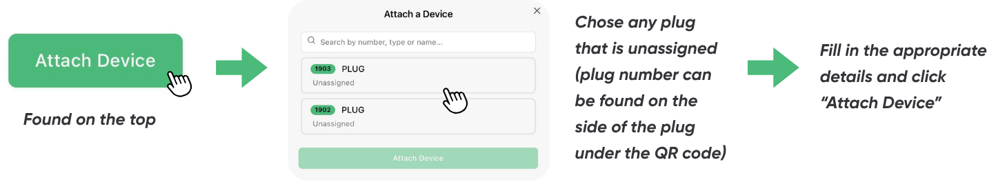 Attach a Device flow — tap Attach Device, pick an unassigned plug by number, fill in details and tap Attach