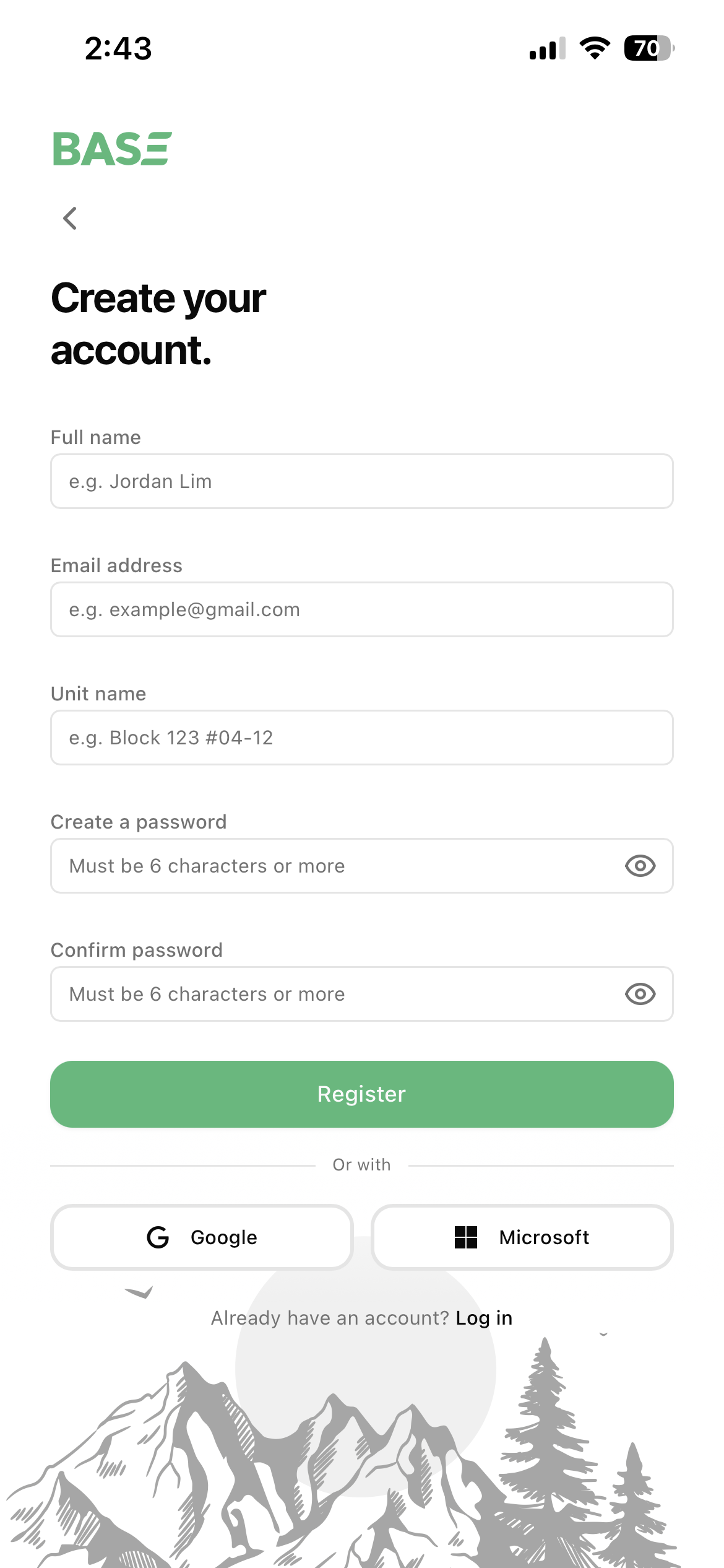 The Create your account screen in Base — Full name, Email address, Unit name, password fields, Register button, and Google/Microsoft sign-in