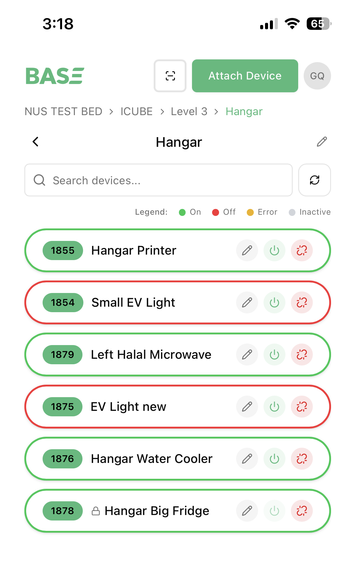 Device list with the status legend — On, Off, Error, Inactive — and coloured borders on each device card