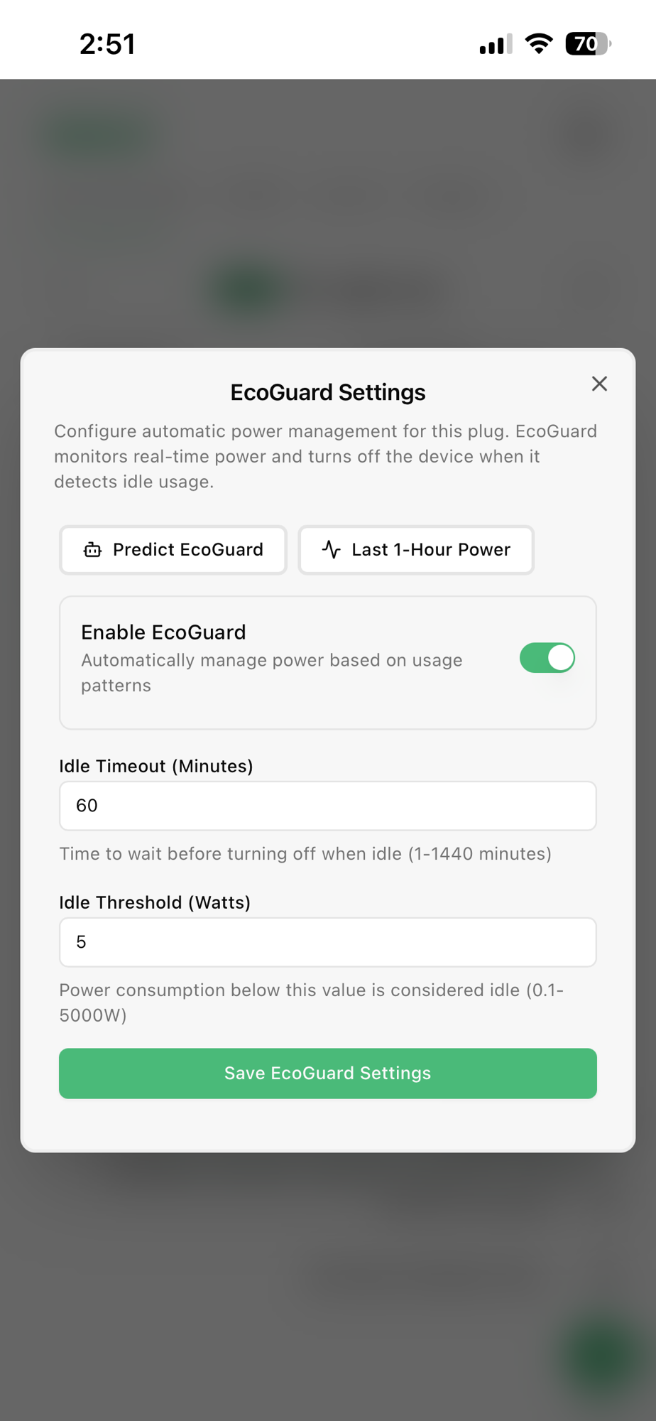 EcoGuard Settings dialog — Enable EcoGuard toggle, Idle Timeout, Idle Threshold, and Save EcoGuard Settings button