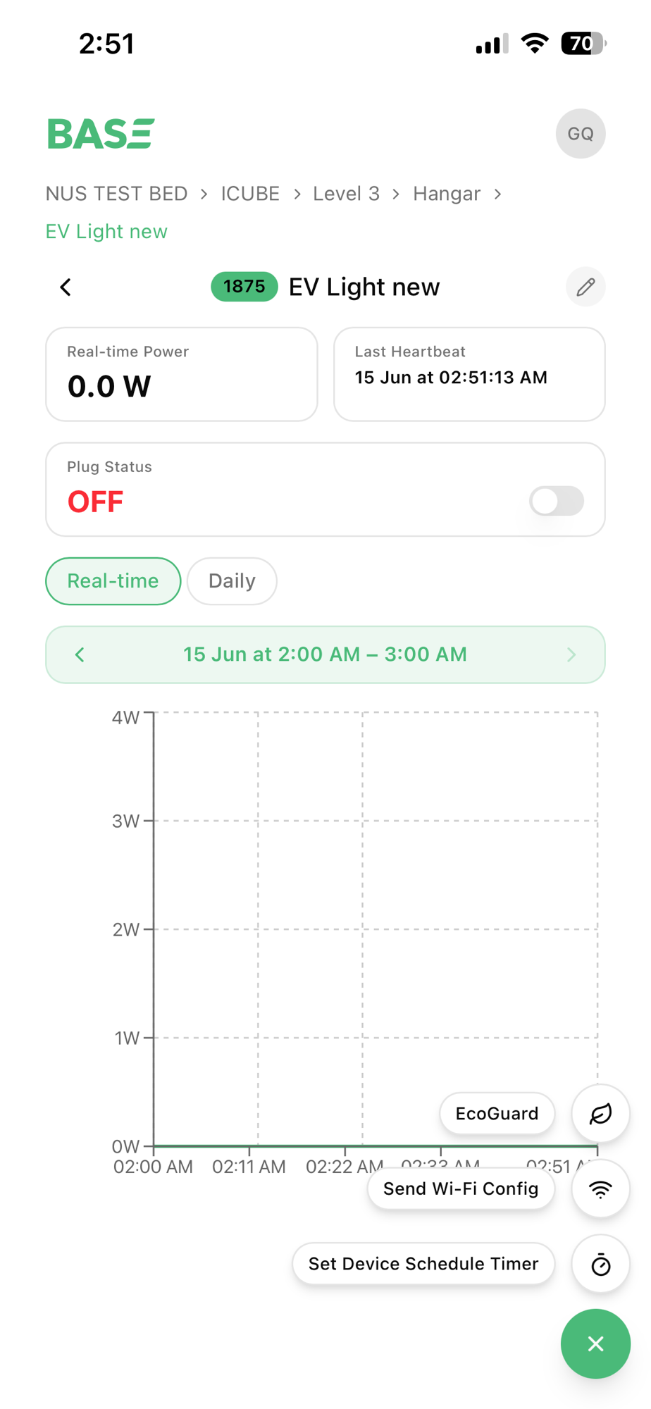 Device detail page with the + menu open — EcoGuard, Send Wi-Fi Config, and Set Device Schedule Timer