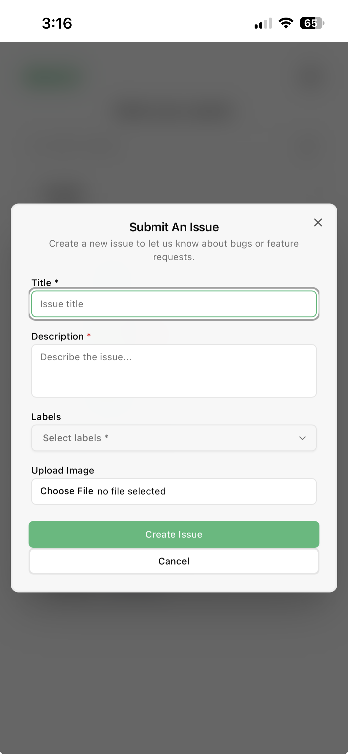 Submit an Issue form — fields to describe the problem and a submit button