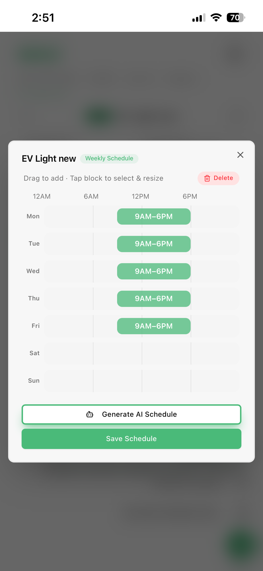 Weekly Schedule dialog — green ON blocks per day, with Generate AI Schedule and Save Schedule buttons